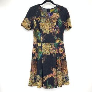 Nicole Miller Short Sleeve Fit & Flare Dress Womens Sz Small Black Multi Floral